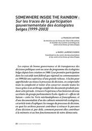 Somewhere inside the rainbow : Sur les traces de la participation gouvernementale des écologistes belges (1999-2003) | Antoine François